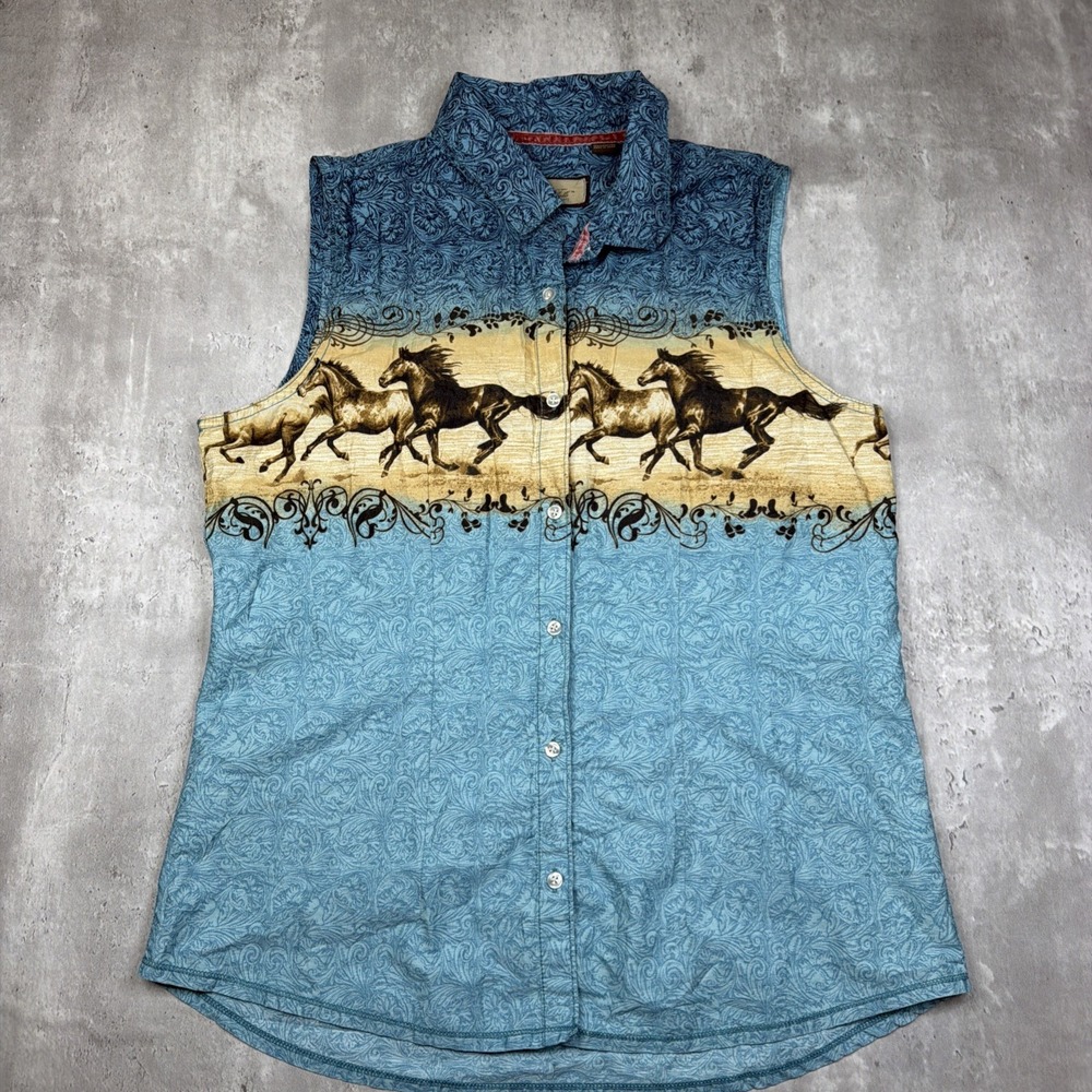 Western Horse Print Sz L Sleeveless Button Up by Legacy Falls Collared Cowgirl